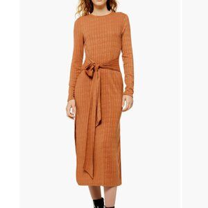Topshop Tie Waist Long Sleeve Knit Midi Brown Dress, Size S